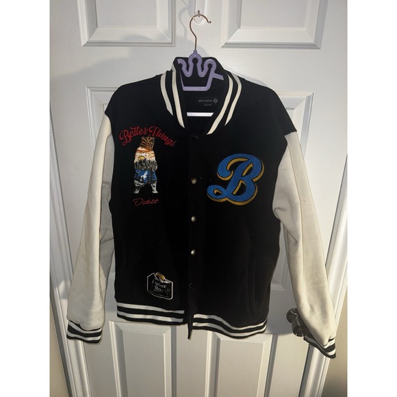 The Unbranded Brand Other - Men's Varsity Jacket Bear Graphic Better Things Black White Snap Up US
